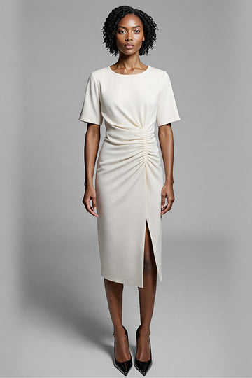 Ivory Ruched Sheath Midi Dress with Slit